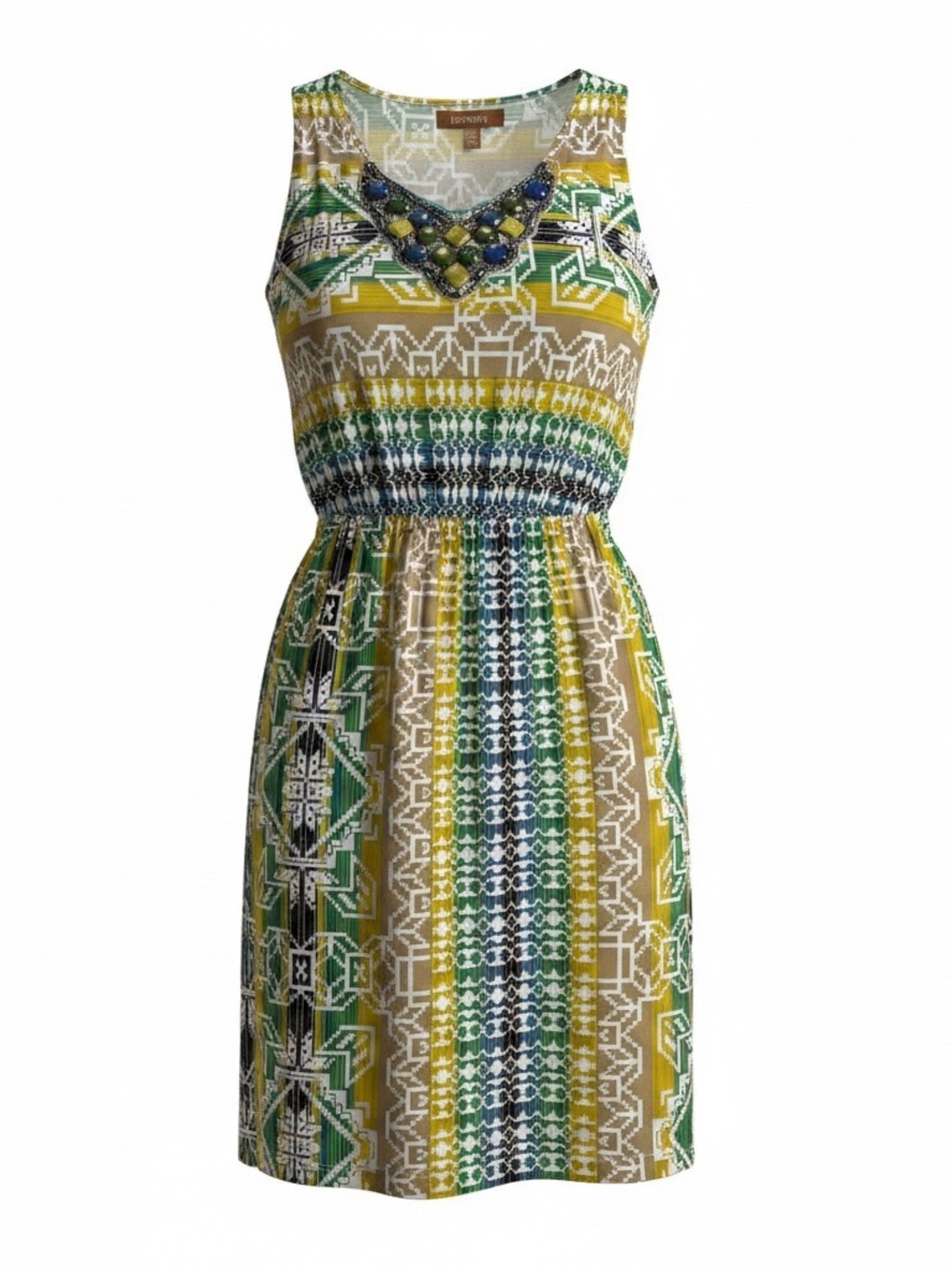 Ellen Tracy Green & Yellow Printed Beaded V-neck Sleeveless Mini Dress